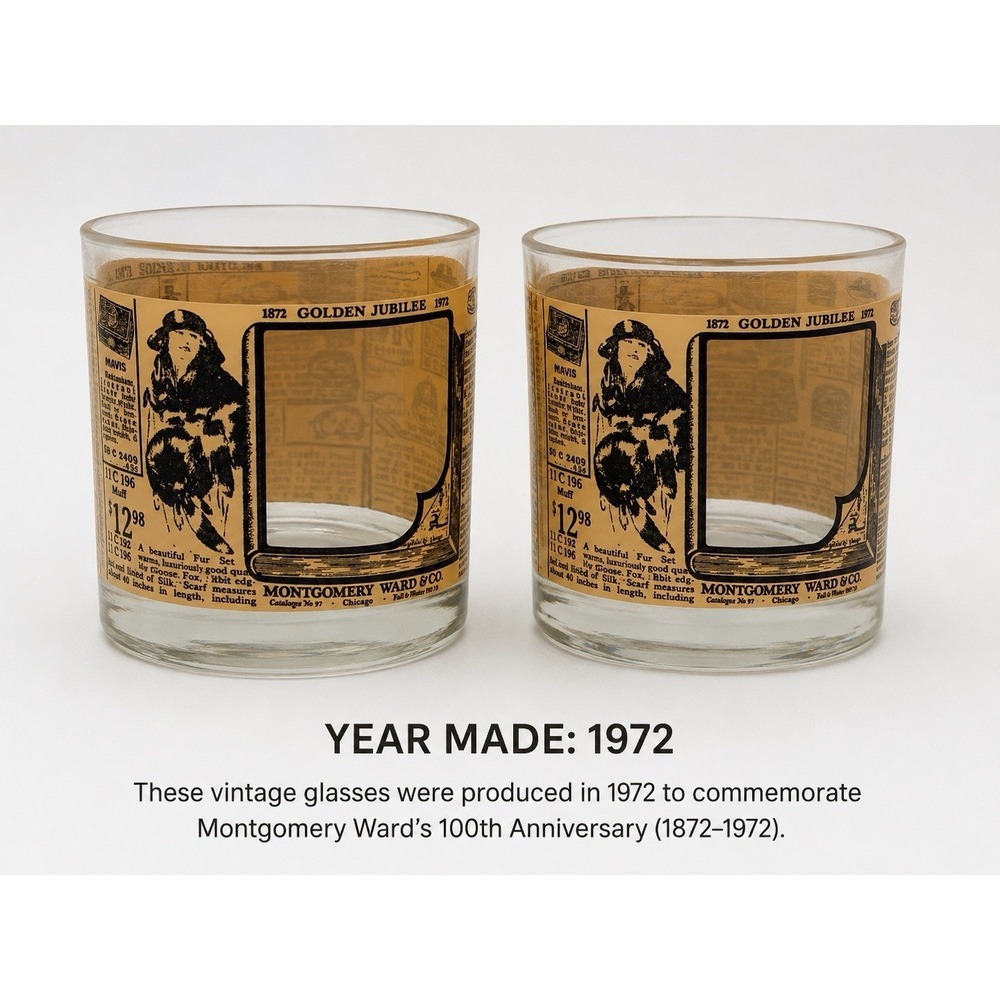 Vintage 1972 Montgomery Ward Golden Jubilee Whiskey‎ Rocks Glasses Set of 2